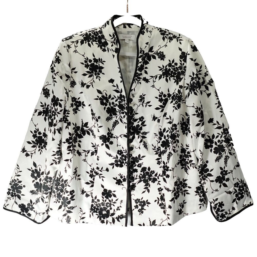 Dressbarn Oriental Jacket Womens Sz 14w Asian Style White w/ Black Floral Lined